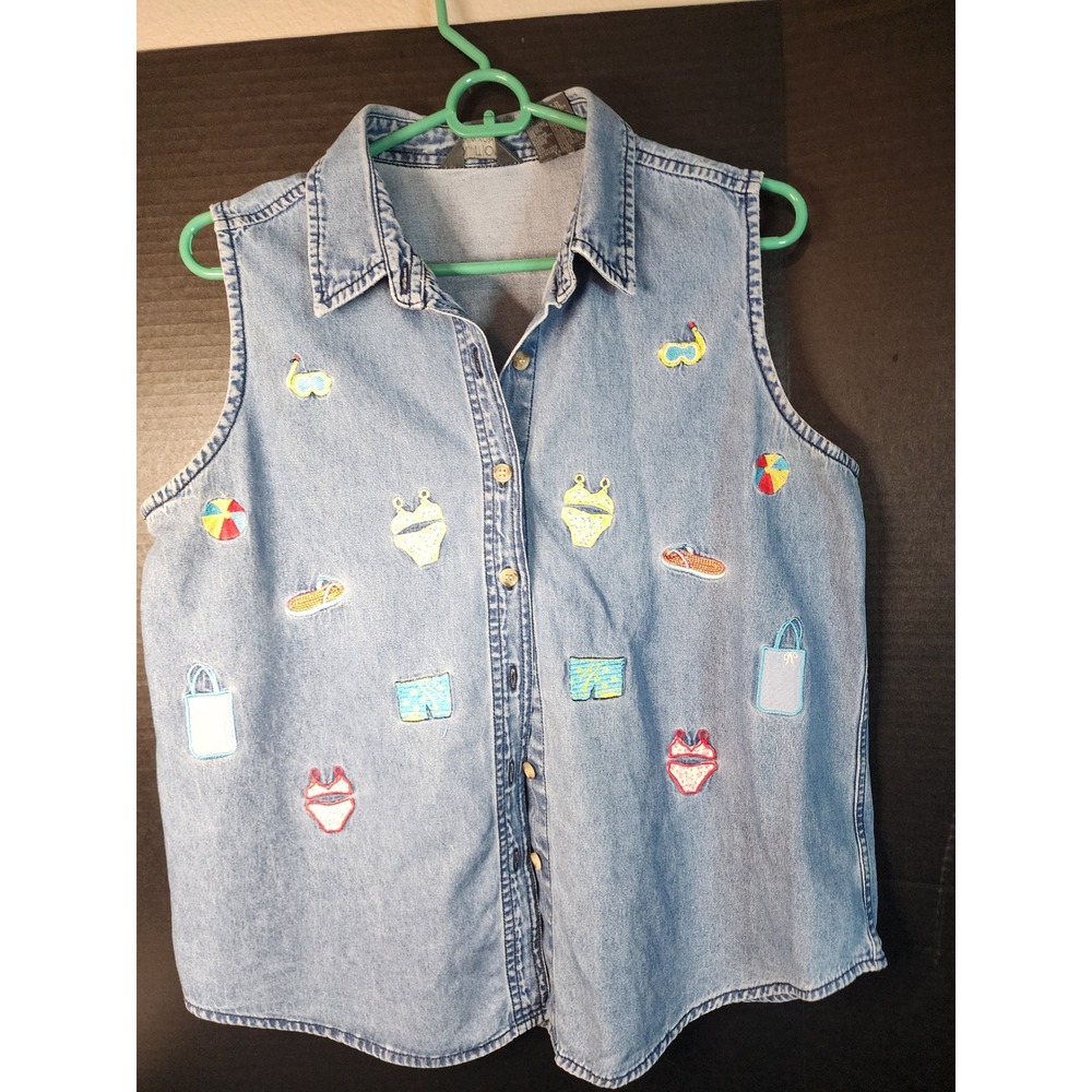 Solutions New York Womens Large Denim Sleeveless Shirt Beach Embroidered Cotton